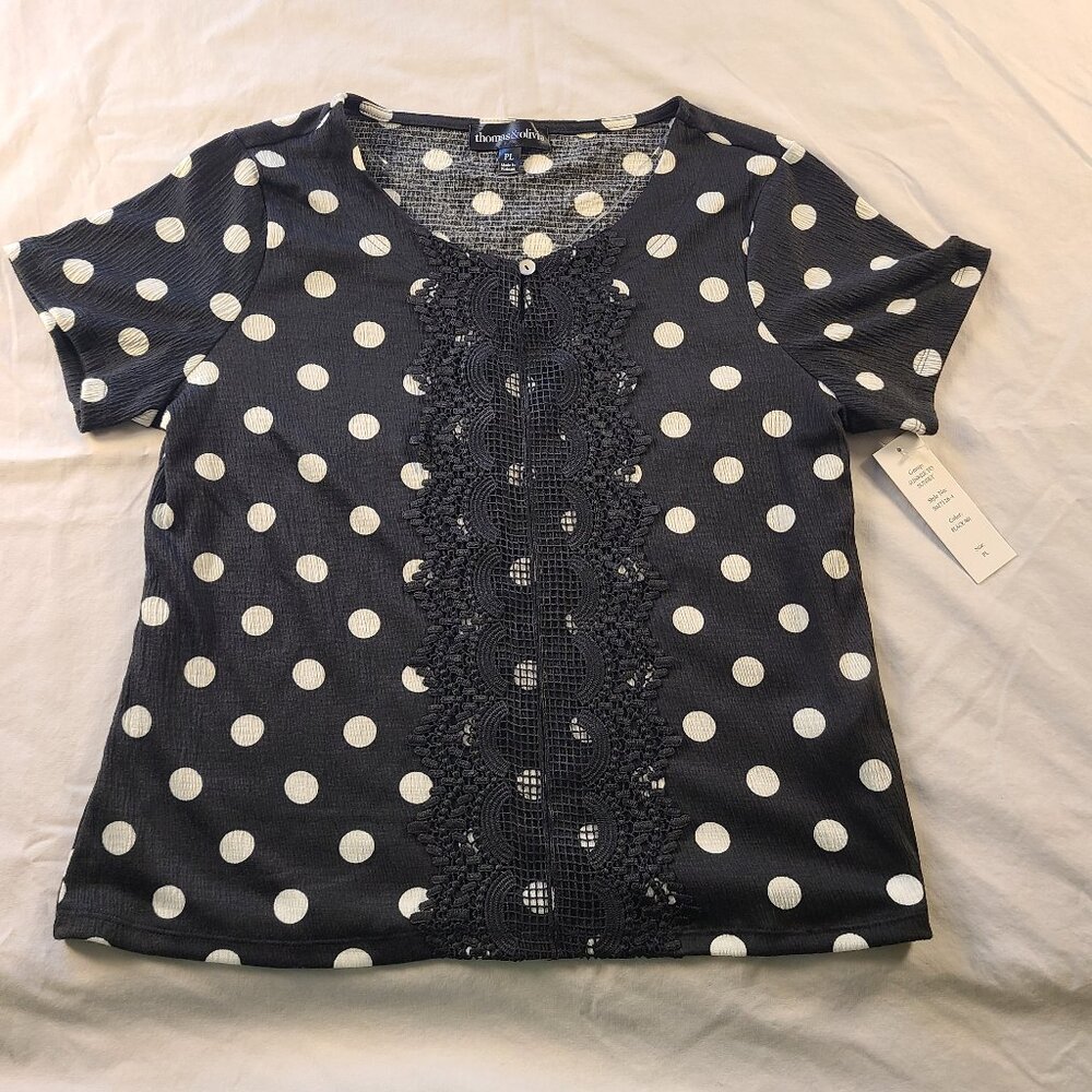 Thomas & Olivia Women's PL Shirt Black with white Polka dots New